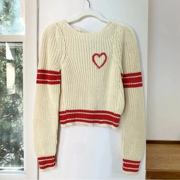 New Free People Out Of The Park Pullover Knit Sweater Striped Heart Embroidered - Picture 4 of 12